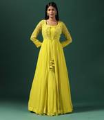 Yellow anarkali gown with embroidered cape