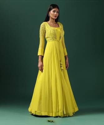 Yellow anarkali gown with embroidered cape 2