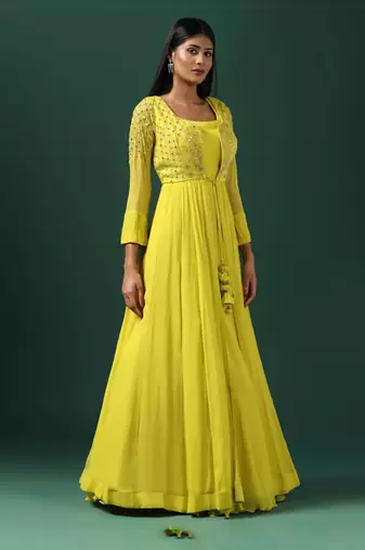 Yellow anarkali gown with embroidered cape