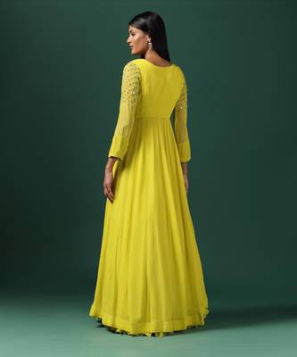 Yellow anarkali gown with embroidered cape 3