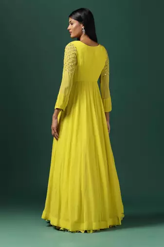 Yellow anarkali gown with embroidered cape