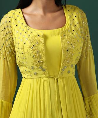 Yellow anarkali gown with embroidered cape 4