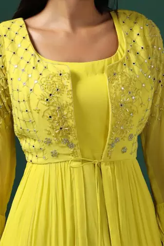Yellow anarkali gown with embroidered cape