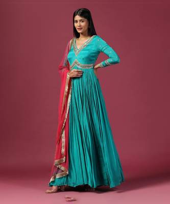 Teal blue anarkali with pink dupatta 1