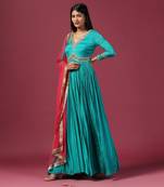 Teal blue anarkali with pink dupatta