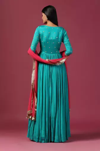 Teal blue anarkali with pink dupatta
