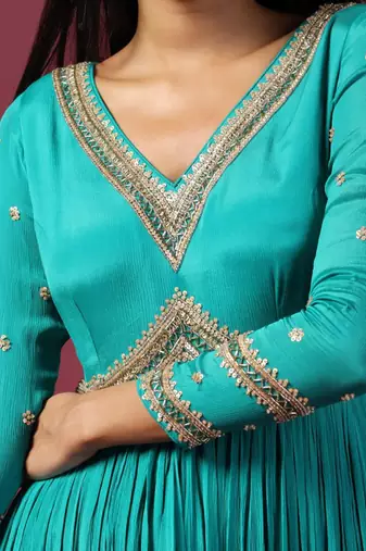 Teal blue anarkali with pink dupatta