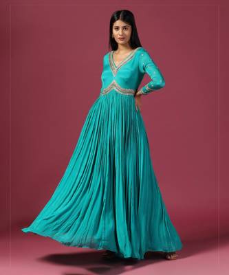Teal blue anarkali with pink dupatta 4