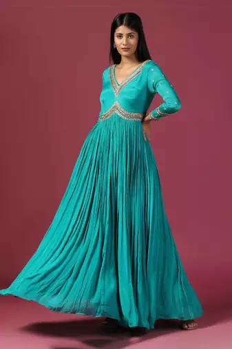 Teal blue anarkali with pink dupatta