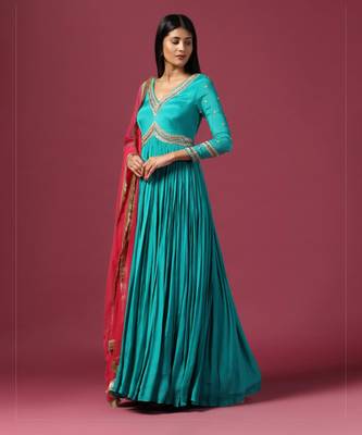 Teal blue anarkali with pink dupatta 5