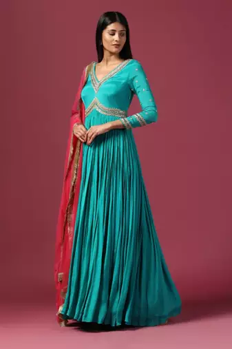 Teal blue anarkali with pink dupatta