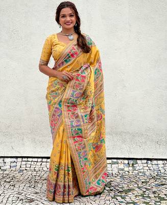 Yellow pashmina kashmiri zari woven saree 1