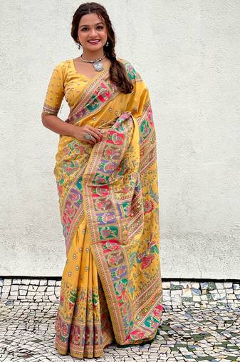 Yellow pashmina kashmiri zari woven saree