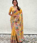 Yellow pashmina kashmiri zari woven saree