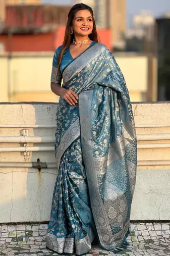 Blue Teal art silk saree for women