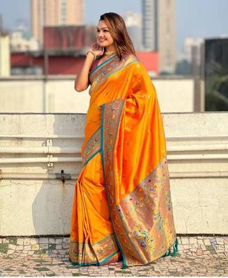 Orange art-silk paithani saree for women 4