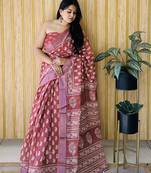Maroon woven linen saree with blouse piece