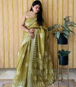 Mehendi woven linen saree with blouse piece
