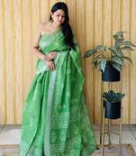 Green woven linen saree with blouse piece