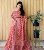 Orange woven linen saree with blouse piece