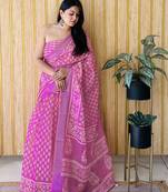 Pink woven linen saree with blouse piece