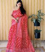 Red woven linen saree with blouse piece