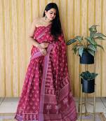 Pink woven linen saree with blouse piece