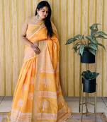 Yellow woven linen saree with blouse piece