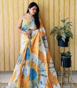 Yellow woven linen saree with blouse piece