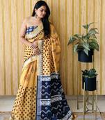 Yellow woven linen saree with blouse piece