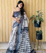 Beige woven linen saree with blouse piece