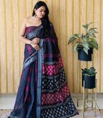 Black woven linen saree with blouse piece