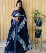Navy blue woven linen saree with blouse piece