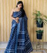 Navy blue woven linen saree with blouse piece