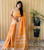 Yellow woven linen saree with blouse piece