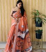 Orange woven linen saree with blouse piece