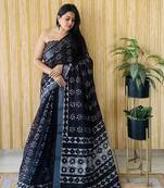 Black woven linen saree with blouse piece