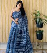 Navy blue woven linen saree with blouse piece