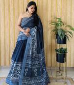Navy blue woven linen saree with blouse piece