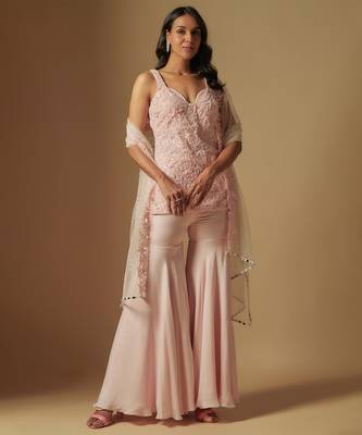 Ixorus hand embroidered short kurti with sharara and hand embroidered dupattta 1