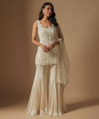 Tidal hand embroidered short kurti with sharara and hand embroidered dupattta 1