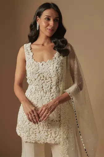 Tidal hand embroidered short kurti with sharara and hand embroidered dupattta