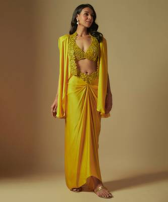 Flux hand embroidered blouse paired with drape skirt and embroidered cape 1