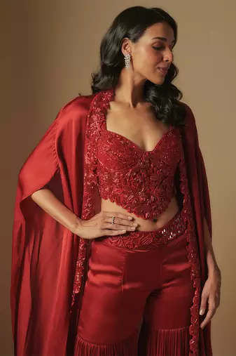Pepper hand emb blouse and long cape paired with sharara