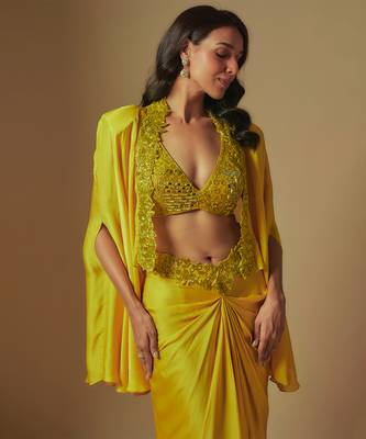 Flux hand embroidered blouse paired with drape skirt and embroidered cape 2