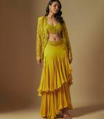 Umble hand emb blouse and jacket paired with drape skirt