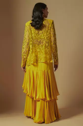 Umble hand emb blouse and jacket paired with drape skirt