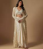 Moon pie full embroidered blouse paired with drape skirt and emb full jacket