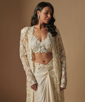Moon pie full embroidered blouse paired with drape skirt and emb full jacket 2