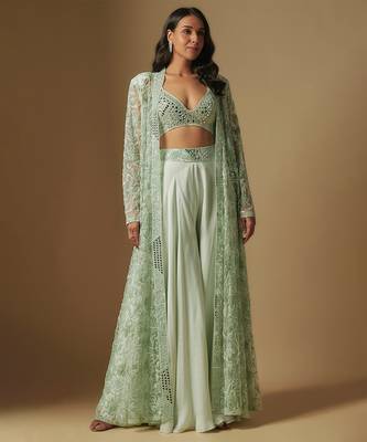 Avreal mirror work blouse paired with embroidered jacket and sharara 1